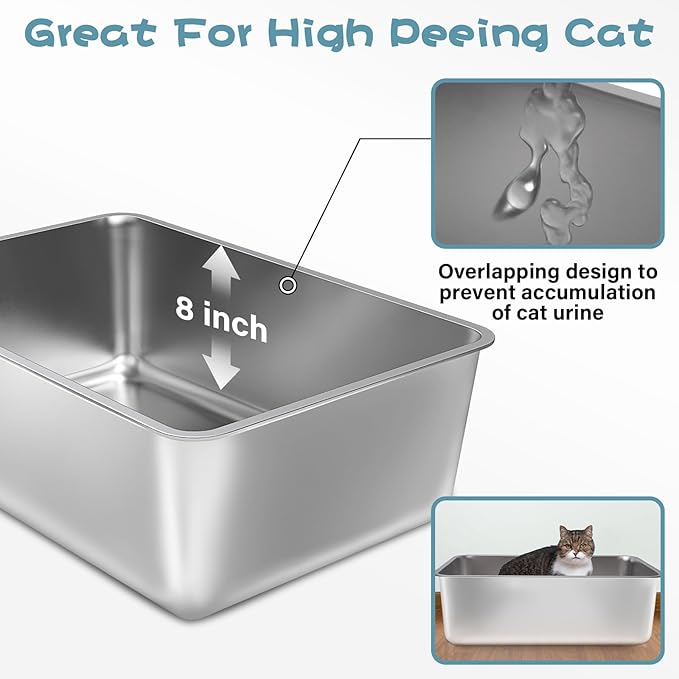 Stainless Steel Cat Litter Box, 23.6"x15.8"x8" XXL Stainless Steel Litter Box 8 inch Deep, Extra Large Metal Litterbox for Big Cats, Non Stick Surface, Easy to Clean, High Sided