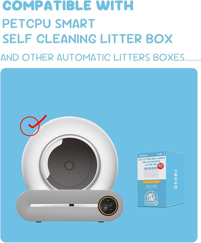 60 Count Cat Litter Box Liners for Self-Cleaning Cat Litter Box, Replacement Kitty Litter Liners, 4 Rolls Drawstring Waste Bags for Small Automatic Litter Boxs, 19.7 x 17.7 Inches(4 Packs/60 Counts)