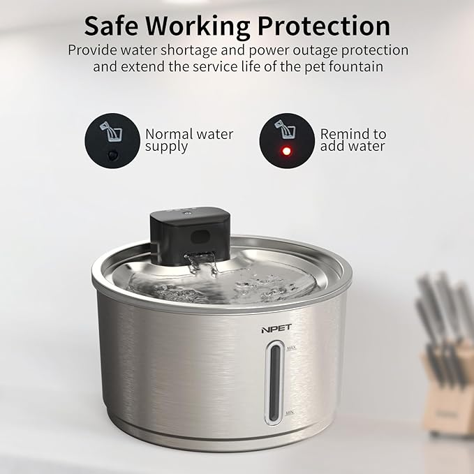 NPET Stainless Steel Wireless Cat Fountain, 1Gallon/4L Battery Operated Automatic Pet Drinking Fountain - Cordless Dog Water Dispenser with Water Level Window for Cats Indoor
