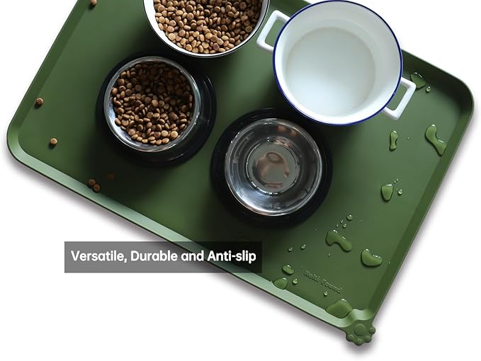 Hoki Found Large Silicone Pet Food Mats Tray - Waterproof Dog Pet Cat Feeding Mat - Non Slip Pet Dog Cat Food Bowl Mats Placemat -Pet Water Mats for Carpet - Dark Olive