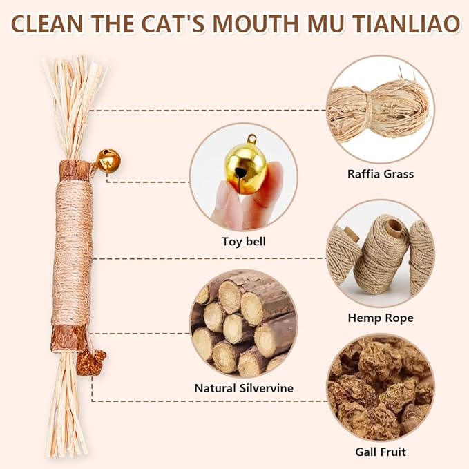 Natural Dried Matatabi Cat Chew Stick with Gall Fruit, Raffia Grass & Bell Ball Toys for Cat, Silvervine Sticks Interactive Catnip Toy for Teething & Entertainment(Size L Color G)