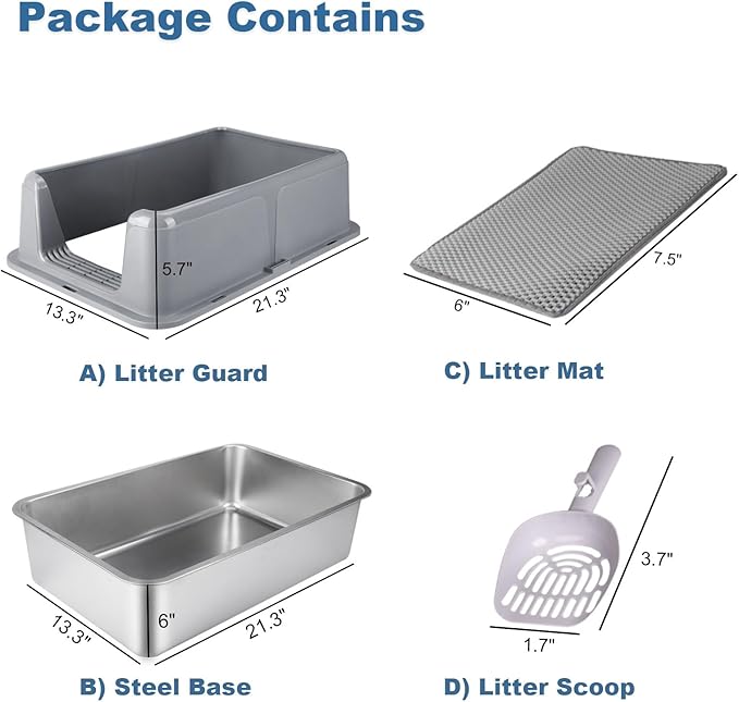 Stainless Steel Cat Litter Box - XL Enclosed High-Sided Pan for Big Cats - Non-Stick Odor Resistant - Easy to Clean with Scoop & Mat