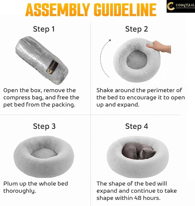 Anti-Anxiety Donut Pet Bed, Round Plush Faux Fur, Washable, Small to Medium Dogs and Cats (Grey, Large)