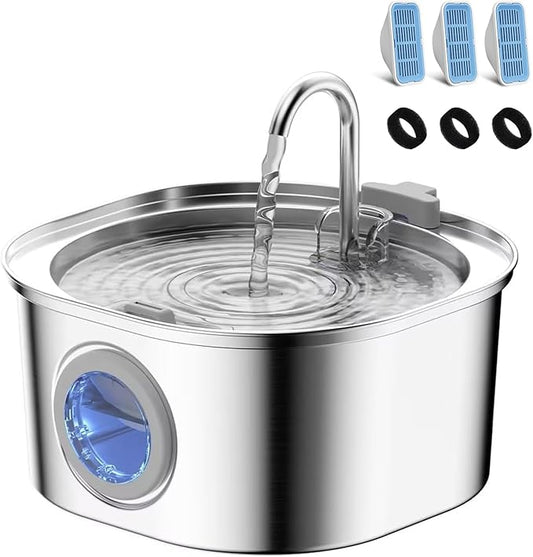 Cat Water Fountain, Pet Water Fountain for Cats/Dogs Indoor, Stainless Steel Cat Drinking Fountains with Water Level Window and 3 Filters + 3 Sponges(3.2L/108oz)