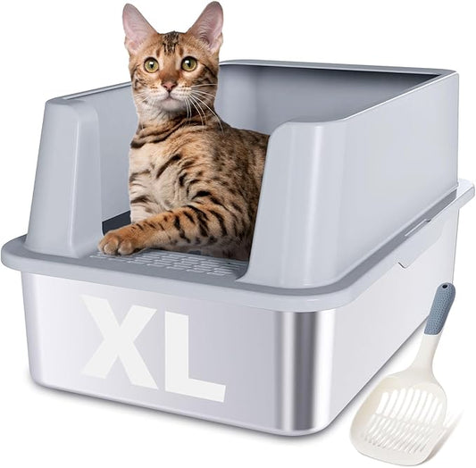 Stainless Steel Litter Box, XL Extra Large High Sided Metal Cat Litter Box with Lid and Scooper, Easy Clean, Non Stick & No Smell-24"x16"x12"
