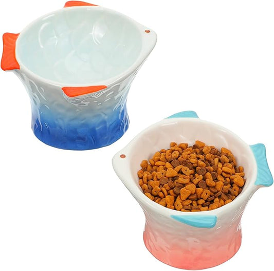 2 Pcs Raised Tilted Ceramic Cat Food Bowl, Cute Elevated Slanted Shallow Shallow Angled Fish Shape Cat Bowl, Non Slip Cats Feeding Bowls for Anti-Vomiting and Whisker Fatigue (Blue, Pink)