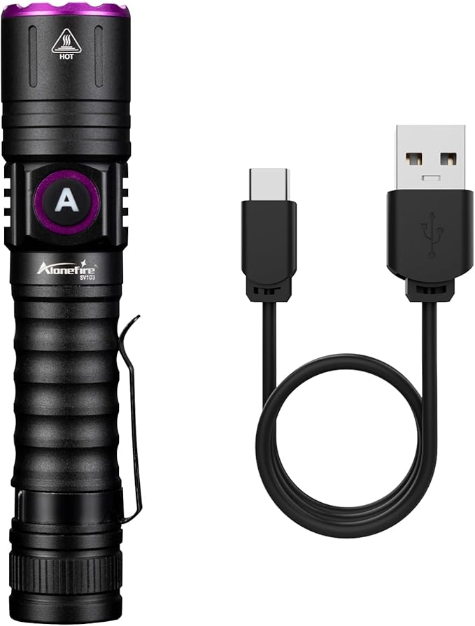 ALONEFIRE SV103 395nm UV Flashlight USB C Rechargeable Black Light Woods Lamp Money Detector for Resin Curing, Pet Urine Detection, Scorpion, Fishing, Minerals, Rocks, Bed Bug, Leaks with Battery