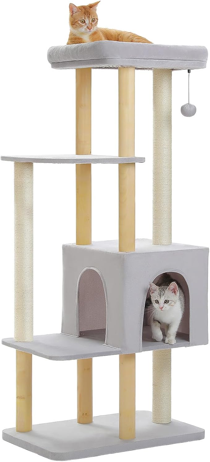 PAWZ Road Large Cat Tree, 53 Inches Modern Wooden Cat Tower for Indoor Cats, Multi-Level Cat Condos with Long Scratching Posts and Natural Wood Posts,Gray