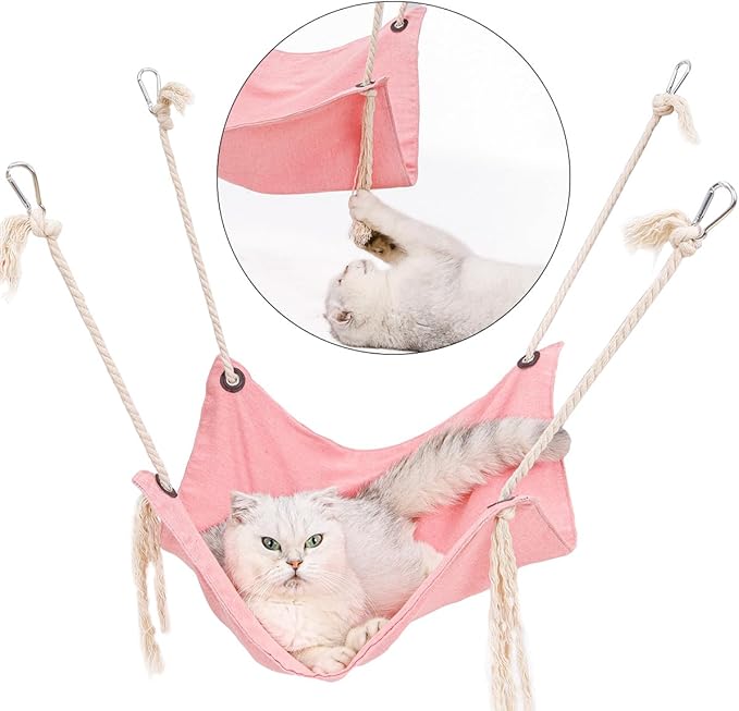 Breathable Linen Cat Hammock with Cotton Ropes in Clean Solid Colors, Minimalist Design for Cages Machine Washable (Blue)
