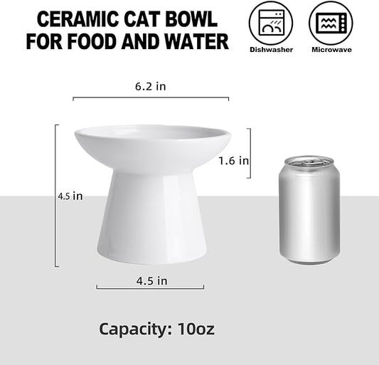 6.2 Inch Extra Wide Elevated Ceramic Cat Bowls, Food and Water Bowl Set for Elder Big Cats Small Dogs, Raised Design for Pet Easy Eating, Protect Cat's Spine Set of 2(White)