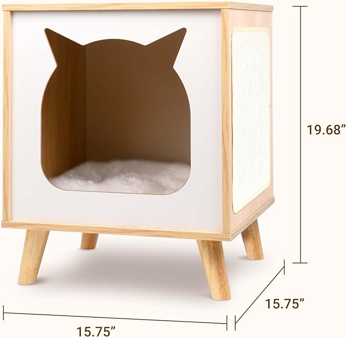 Cat House Wooden Cat Condo Cube Shaped,Modern Cat Bed Side Table & Nightstand,Cat Shelter Furniture with Cushion Cat Scratch Pad,Natural