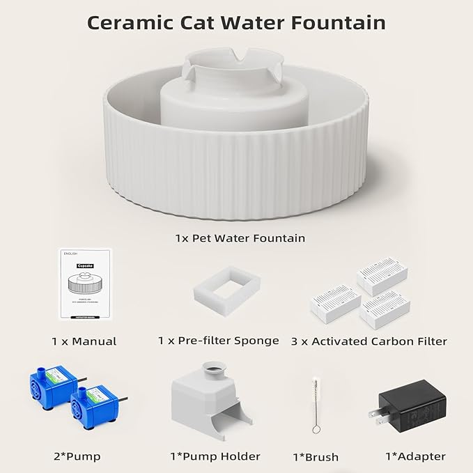 Ceramic Cat Water Fountain, waatoos 2.1L/71oz Cupcake Pet Water Fountain with 3 Carbon Filters and 2 Water Pumps, Automatic Water Dispenser for Cats and Small Dogs (White)