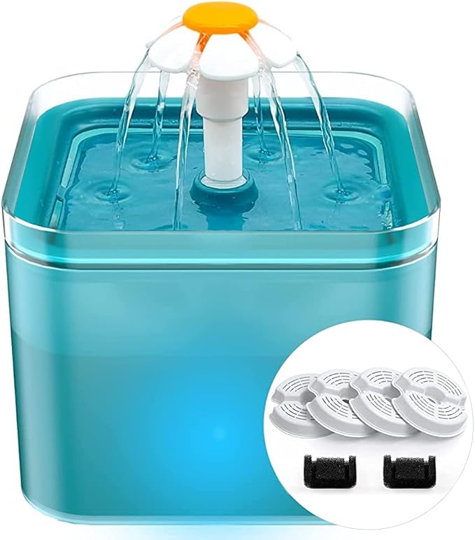 Cat Water Fountain for Cats Indoor: 67oz/2L Cat Fountain - Quiet Pet Water Fountain - Cyan Cat Fountains for Drinking Easy to Clean - for Cats&Pets& Small Animals - Including 4 Filters + 2 Sponges