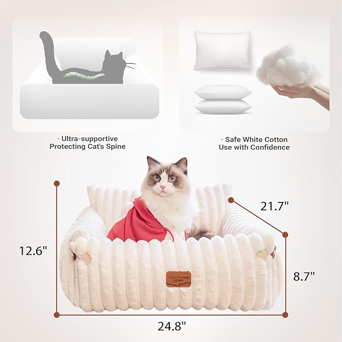 Cat Couch Bed for Indoor Cats Fluffy Cat Sofa Recliner with Removable Washable Cover Cute Pet Lounge Suitable for Puppy Kitten (Off-White)