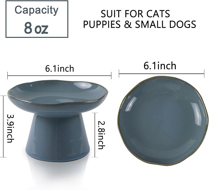 Extra Wide 6.1" Ceramic Raised Cat Food Bowl, Shallow Elevated Pet Feeder for Food Feeding, Anti Vomiting Whisker Fatigue Bowls for Cat Puppy, Blue