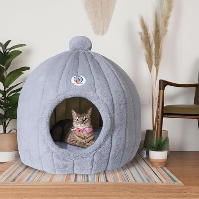 Extra Large Cat Cave Bed for Large Cats & Small Dogs β Plush Dome Hideaway with Removable Cushion β Spacious, Enclosed Cat House (24x23β, Light Gray)