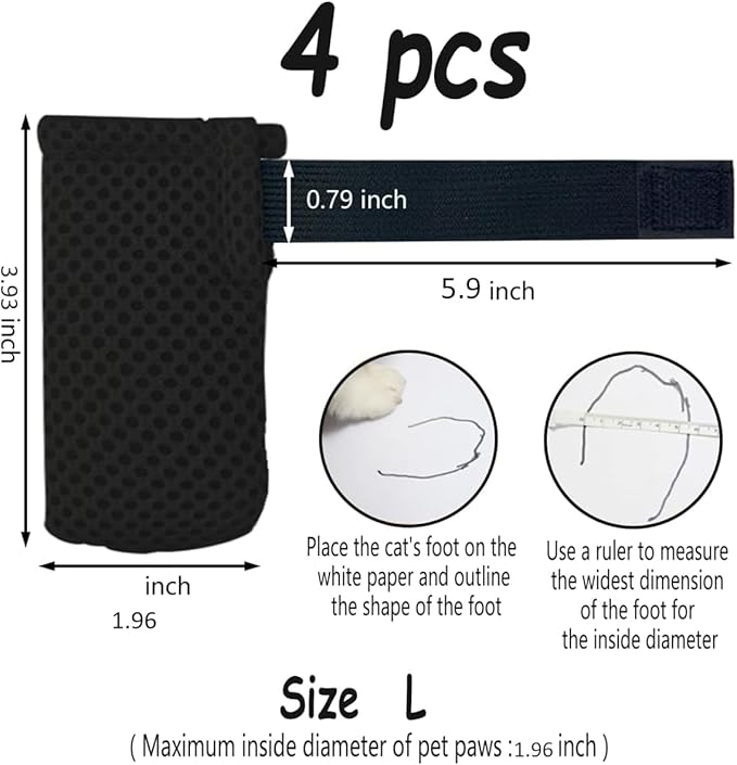 4 PCS Cat Mittens to Prevent Scratching,Mesh Breathable Cat Shoes,Adjustable Cats Anti Scratch Gloves,Suitable for Cats When Bathing and Nail Trimming (Black, L)