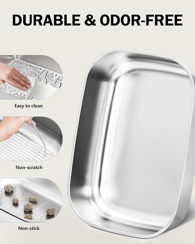 Stainless Steel Sifting Litter Box with Lid, Metal Litter Pan Tray with Scoop for Big Cats & Multi Cat, Extra Large Cats Litterbox Odor Control, Easy Clean (with Enclosure & Step, X-Large)