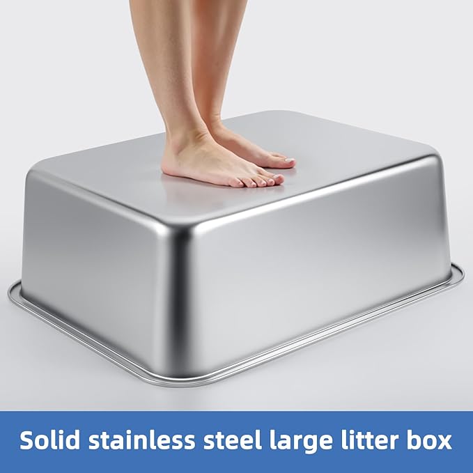 Stainless Steel Cat Litter Box for Large Cats - 17.5"x13.6"x6.1" High-Sided Metal Tray, Anti-Splash & Odor Resistant, Durable Rustproof Design, Easy to Clean
