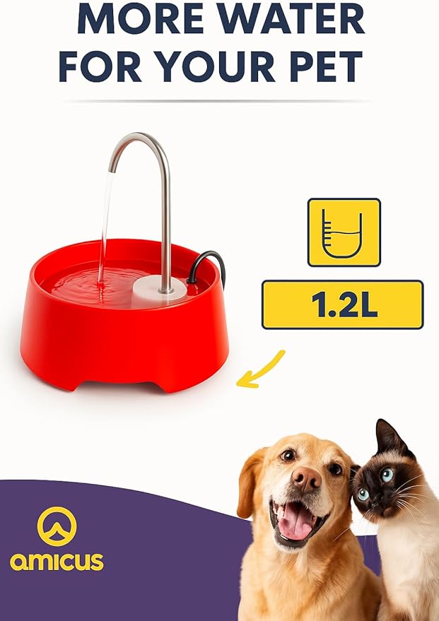 Aqua MINI Portable Pet Water Fountain - Automatic Drinking Bowl for Cats and Dogs - Stainless Steel Faucet - Replaceable Filters - Easy Cleaning - Ideal for Multiple Pets - 1.2L/42 fl oz - Pink