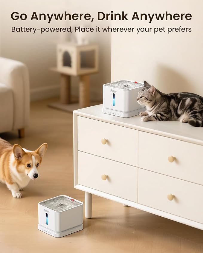 Cordless Cat Water Fountain, 3L/100oz Stainless Steel Tray, Cat Fountains for Drinking, Pet Water Fountains Indoor, Automatic Dog Water Bowl Dispenser, Rechargeable Battery Operated BPA-Free