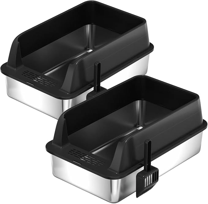 2PCS Stainless Steel Cat Litter Box,Metal Kitty Litter Box with High Wall Sides Enclosure for Big and Small Cats, Odor Control, Easy Clean,Non-Sticky, Anti-Leakage (23 * 15 * 12 inch)
