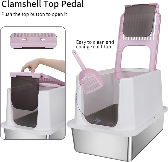 RIZZARI Stainless Steel Cat Litter Box, Odorless Enclosed Litter Box with Top Holes, Large Litter Pan for Small to Large Sized Cats (Pink, 23.8" L*15.9" W*16.1" H)
