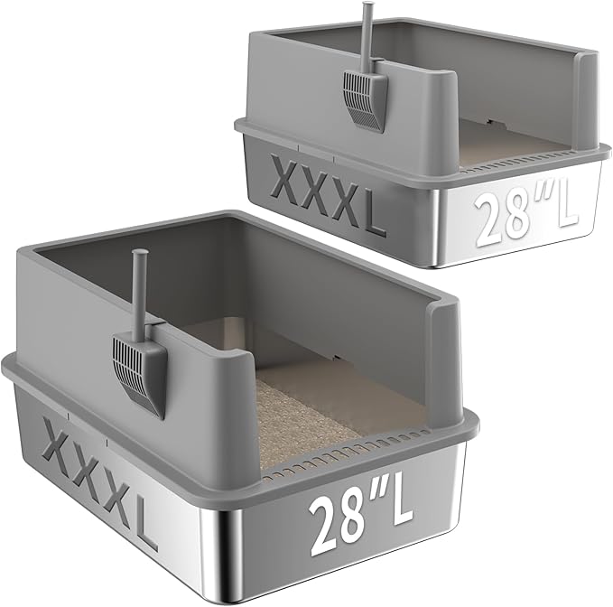 2 Pack 28" Extra Large XXL Stainless Steel Cat Litter Boxes with Lid Metal Cat Litterbox Pan for Big Cats and Multiple Cats, Anti-Leakage, Easy Cleaning, Include Scoop