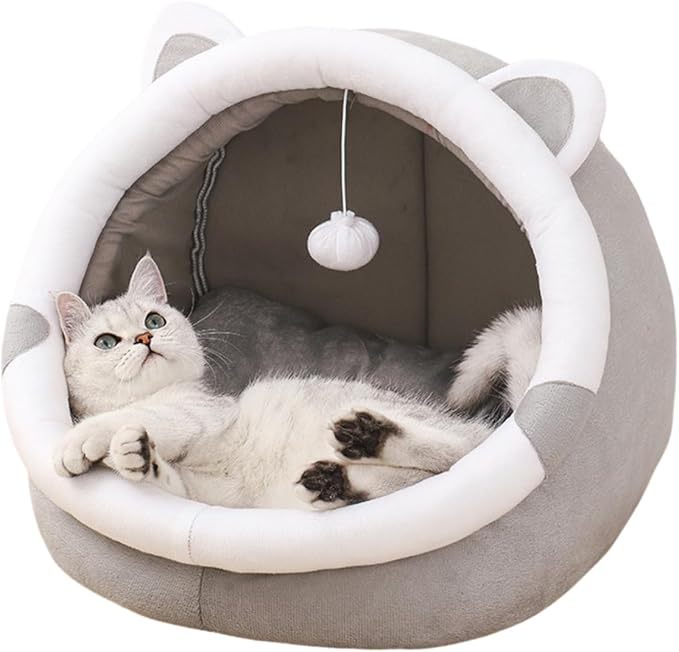 Cat Bed Cave with Removable Cushion, Indoor Pets Plush House Bed with Pompom for Small Dogs Cats Kitten Puppy Rabbits (Grey,S)