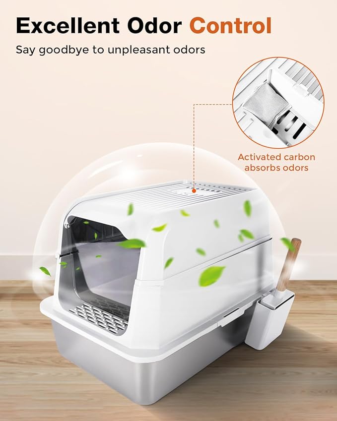 Stainless Steel Litter Box with Lid - Extra Large Cat Litter Boxes for Big Cats with Mat & Scoop - Anti-Leakage, Odor-Proof, High-Sided, Non-Stick& Easy to Clean - Ideal for Multi-Cat Homes - White