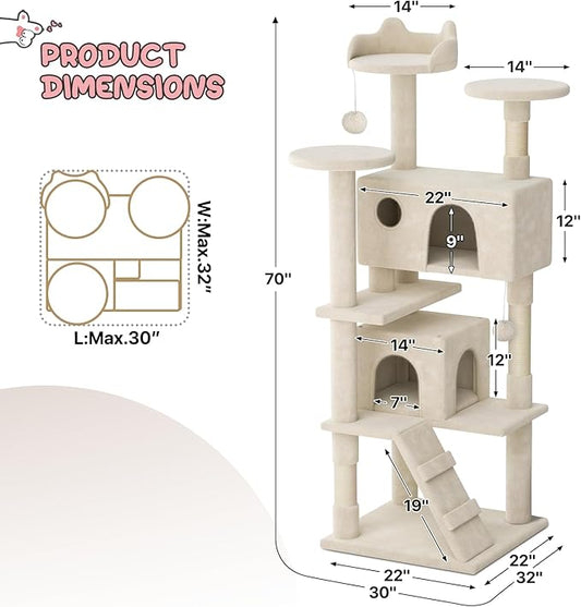 MoNiBloom Cat Tree, 70 Inch Cat Tree Tower with 2 Condo, Tall Cat Tower with Scratching Post, Cat Climbing Tower, Cat Tree for Indoor Cats, Beige
