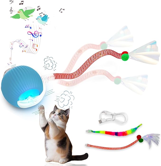 New Upgraded Cat Ball Toy - Speedy Tail 2.0 Cat Toy, Interactive Cat Toy Ball, Stimulating Toys and Juguetes para Gatos, Cat Toys for Bored Indoor(Sound Switchable) (Blue)