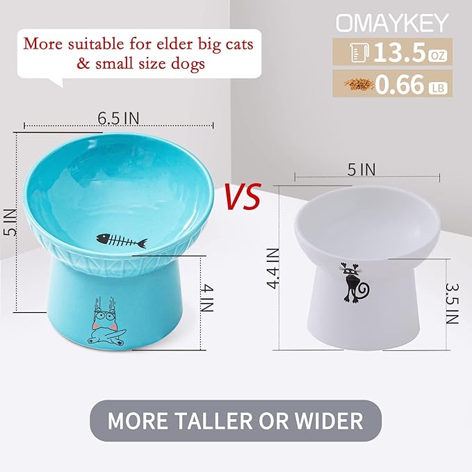 OMAYKEY 6.5 Inch Extra Wide Ceramic Raised Cat Bowls, Porcelain Tilted Elevated Cat Food Water Bowl Dish, Stress Free Pet Feeder Bowls Dishes for Elder Big Cats & Small Dogs, White & Blue