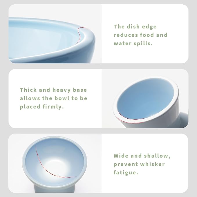 Extra Wide Elevated Ceramic Cat Bowl, 6.2" Shallow Dish for Whisker Fatigue Relief, 5" Height for Easy Feeding, Durable Raised Cat Food Bowls, Pack of 2, Blue