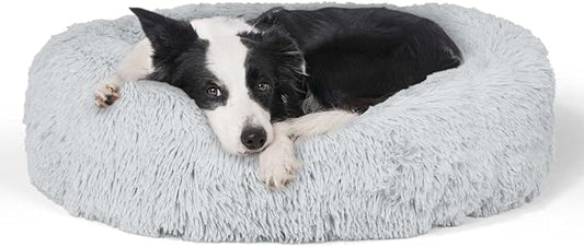 CAPHAUS 24/30 Inch Calming Donut Pet Bed for Small/Medium Cats and Dogs, Anti-Slip Bottom, Washable, Anti-Anxiety Fluffy Round Cat Bed, Indoor Shaggy Cuddler Cotton Candy Brown, Light Gray, Pink Bed