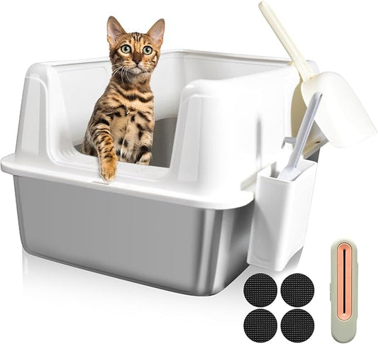 Stainless Steel Litter Box with Lid, 24" XL Extra Large High-Sided Metal Cat Litter Box for Multiple Cats,Anti-Leakage & Non-Stick, Easy to Clean, Includes 2 Scoops&Deodorizer Box, White