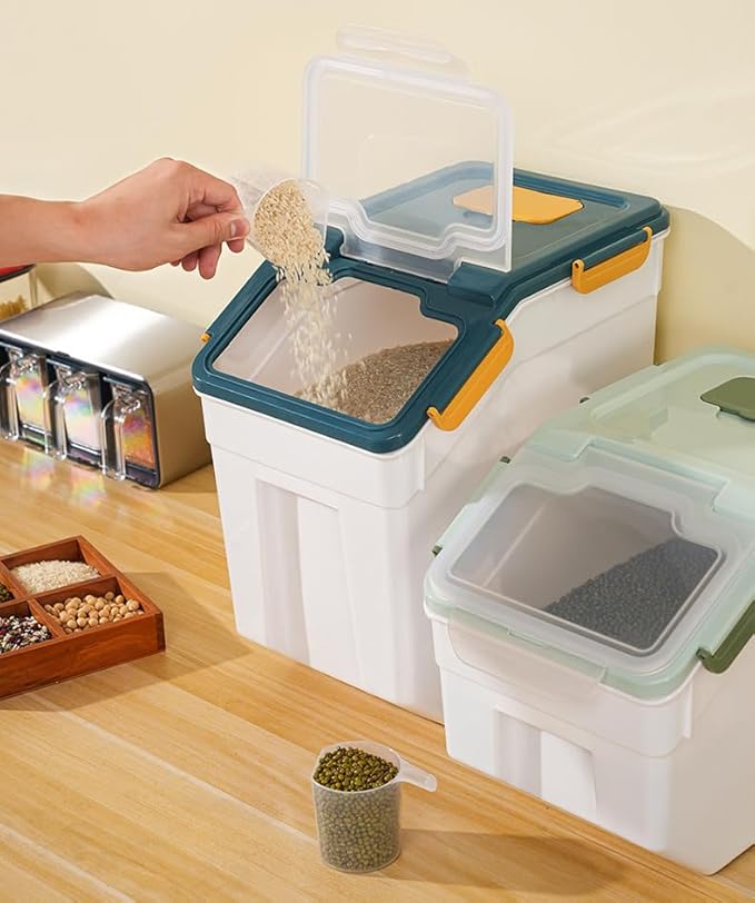 AnRui Large Flour Storage Containers 25Lbs Airtight Rice Storage Container BPA Free Kitchen Pantry Food Storage Bin Sugar Snack Cereal Grain Organizer Box with Wheel, Scoop, 4Pack, Blue