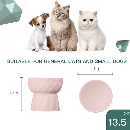 Frewinky Ceramic Cat Bowls Anti-Vomiting, Raised Food and Water Bowl Set for Cats and Small Dogs, 13.5 Oz, Pink