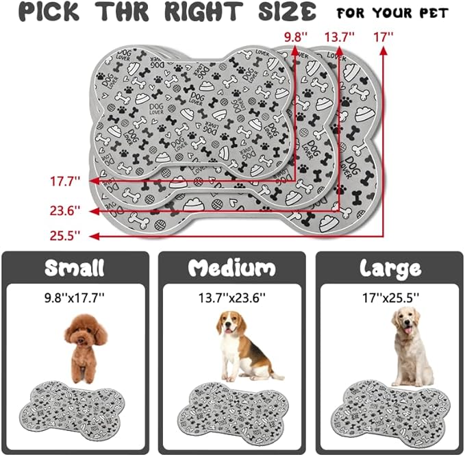 Dog Food Mats for Floors Waterproof, Pet Feeding Absorbent Water Bowl Mat Cat Placemats Gray Bone Shape 19 * 12 inch