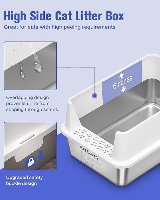 2PACK Stainless Steel Litter Box, Metal Litter Boxes with Lid High Sides, XL Extra Large Litter Box for Big Cats, Never Absorbs Odors, Leak-Proof, Stain-Free, Easy to Clean, Scoop Included(White)