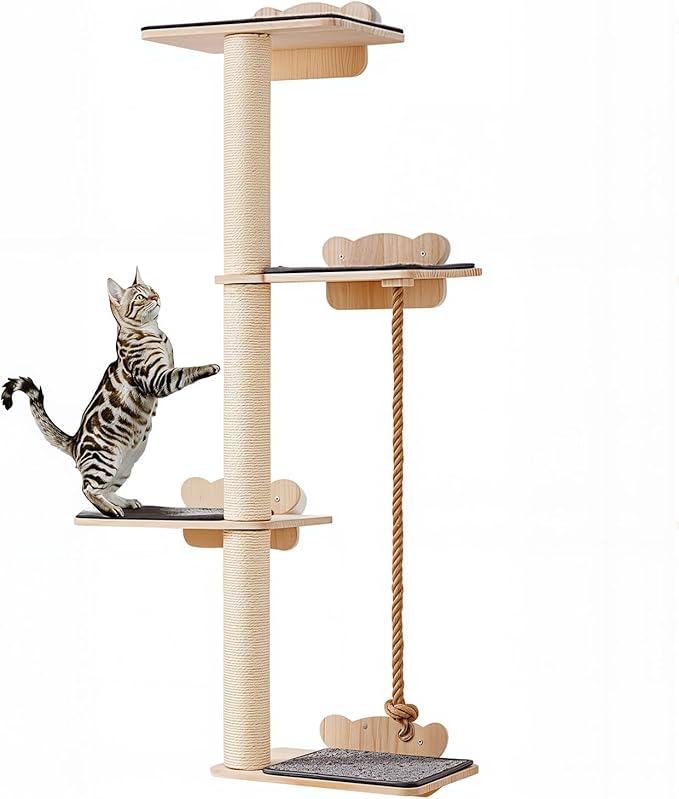VEVOR 4 Tiers Tall Cat Wall Furniture Set with 4 Jumping Boards, Wall-Mounted Cat Floating Shelf up to 40 lbs, 12 mm Pine Wood Perch for Sleeping, Playing, and Climbing