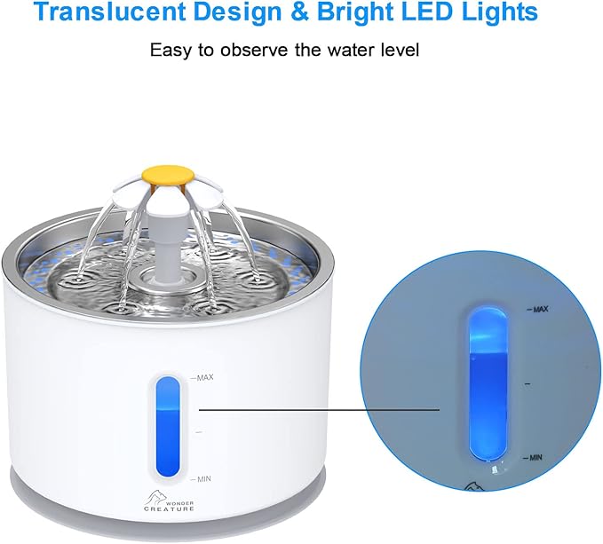 Wonder Creature Cat Water Fountain with Stainless Steel Lid, 2.4L/81oz Automatic Cat Fountain with LED Light and Water Level Window for Cats and Dogs