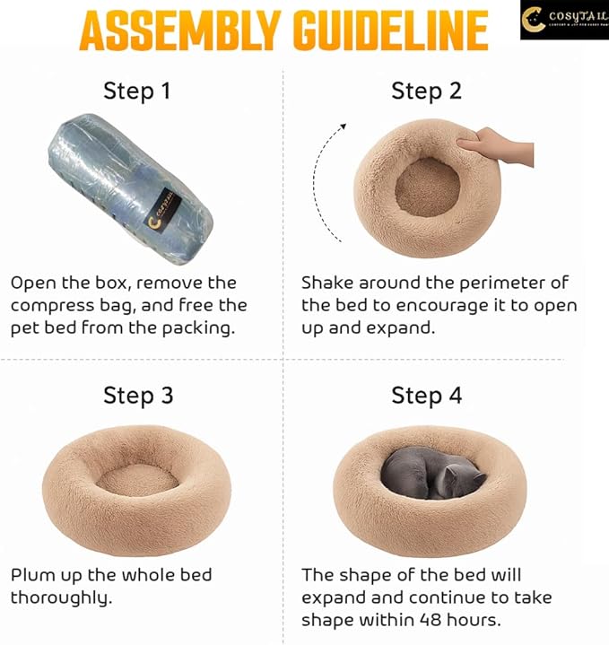 Anti-Anxiety Donut Pet Bed, Round Plush Faux Fur, Washable, Small to Medium Dogs and Cats (Brown, Large)