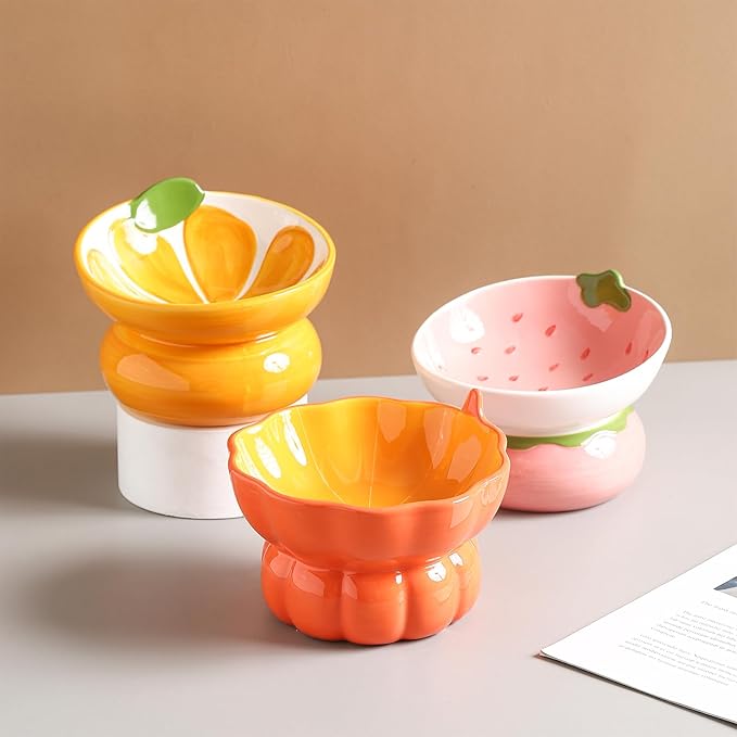 Cute Pumpkin Shaped Bowl, Ceramic Raised Cat Bowl for Food or Water, Anti Vomiting & Whisker Friendly, 9 oz Small Elevated Cat Dish for Indoor Flat Faced Cats and Kitten