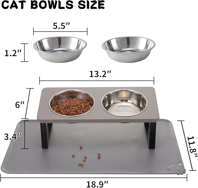 Upgraded Elevated Cat Bowls with Food Mat,15°Tilted Stand Anti Vomiting Raised Cat Dishes for Food and Water,2 Stainless Steel Bowls for Cats and Puppy(Gray)