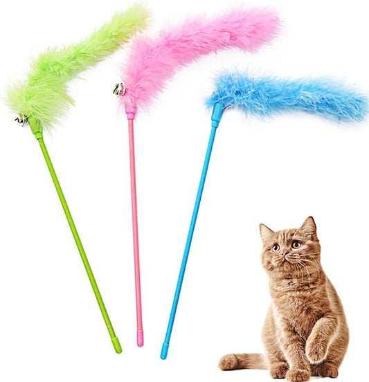IUHKBH Cat Wand Toys, 3 PCS Interactive Feather Wands Colorful Cat Teaser Wand with Bell for Cats and Kitties