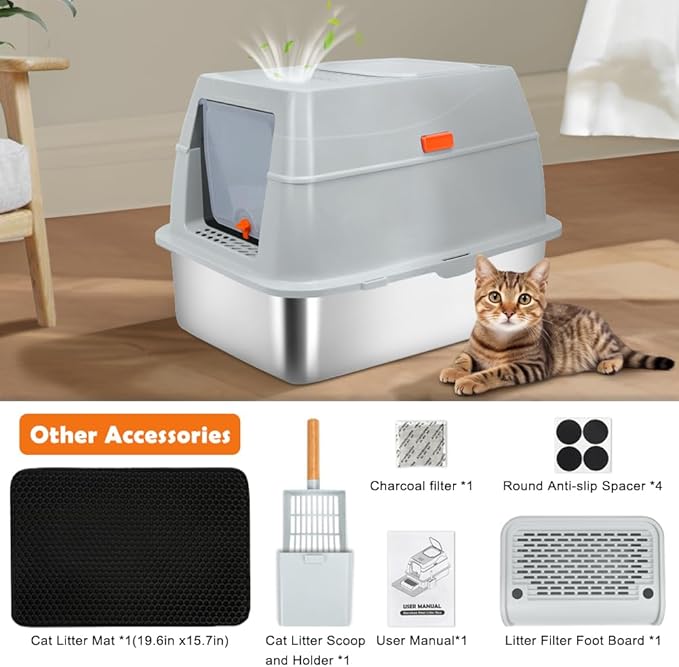 Vivifying Stainless Steel Litter Box with Lid, XL Front Entry Enclosed Extra Large Litter Box for Big Cats & Kitty, Top Exit Metal Cat Pan with Scoop, Mat, Trapping Step, Charcoal Filter (Gray)