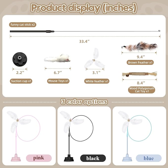 Suction Cup Cat Toys for Indoor Cats,3 in 1 Suction Cup Cat Toy,Interactive Simulation Cat Toy Set Self Play or Handheld,Feathers & Bells,Realistic Toy Mouse and Silvervine Sticks(Black)