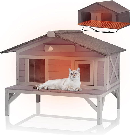GUTINNEEN Heated Outdoor Cat House Weatherproof Large Cat Shelter with 100% Insulated Liner for Multiple Cats, Cat Houses for Indoor Cats(Grey)