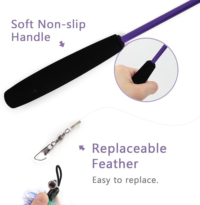 SONGWAY Interactive Cat Feather Toy Set - Retractable Teaser Wand with 6 Pcs Feather Refills with Bell, Cat Wand Toys for Indoor Cats Kittens Play Chase Exercise, Blue